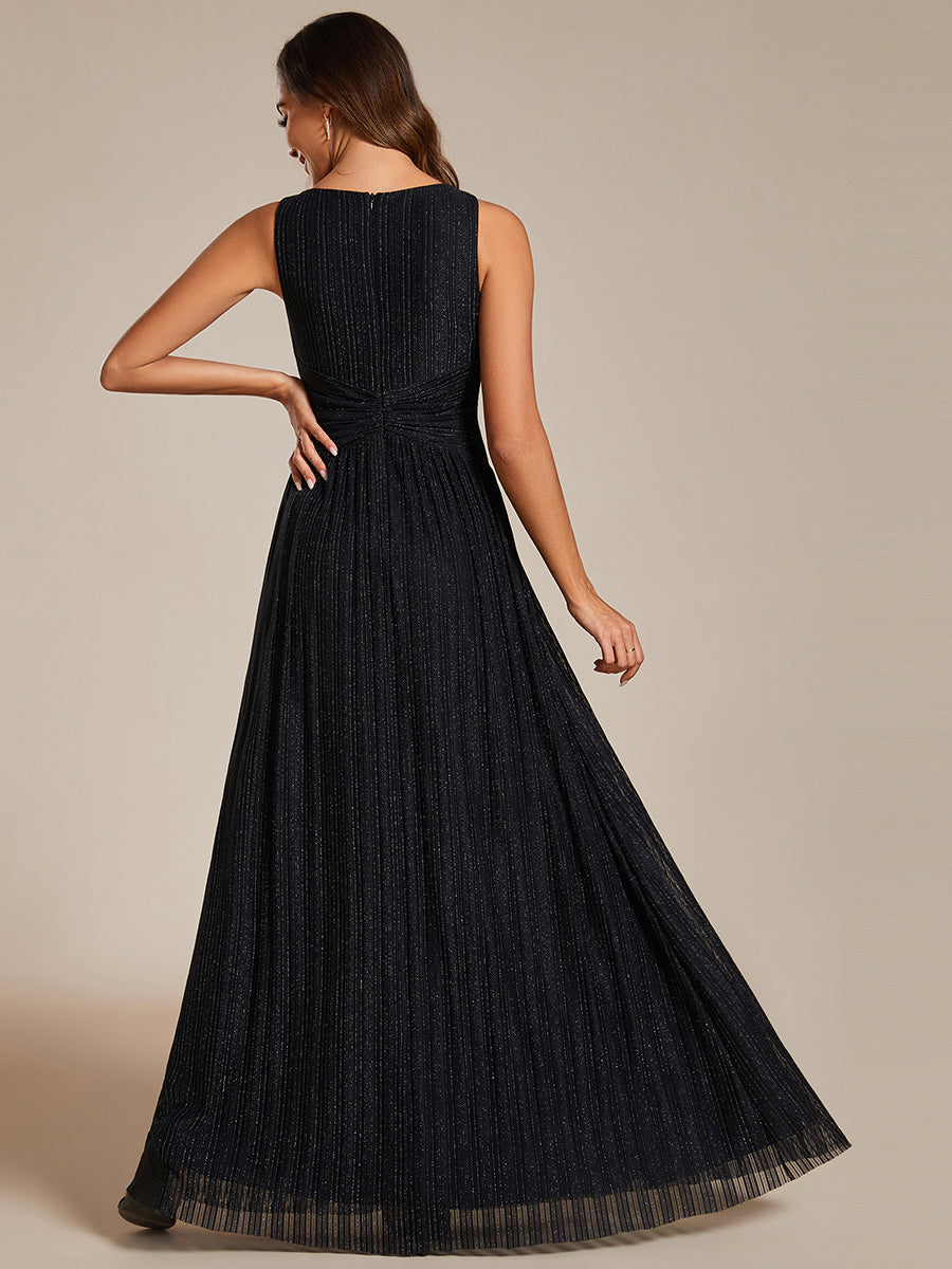 Color=Black | Glittery Pleated Empire Waist Sleeveless Formal Evening Dress-Black 14