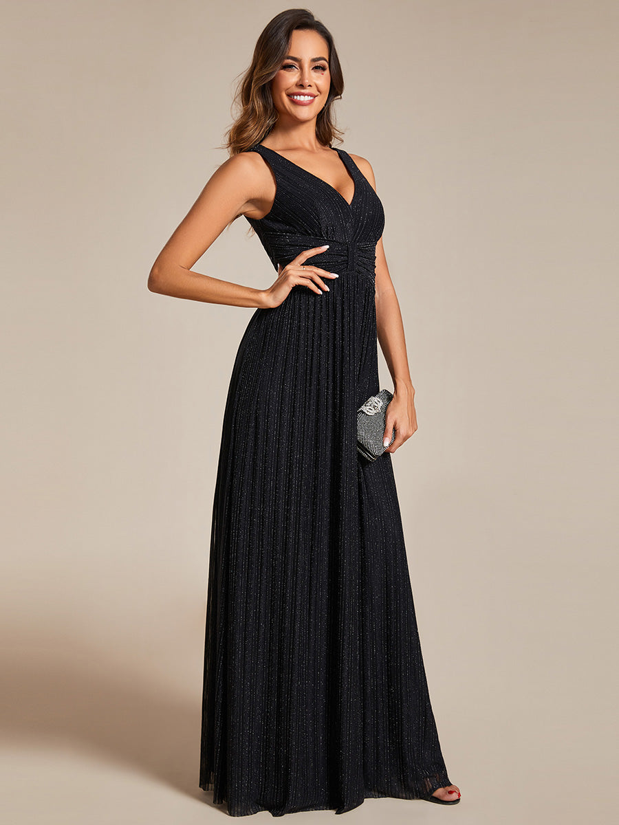 Color=Black | Glittery Pleated Empire Waist Sleeveless Formal Evening Dress-Black 16