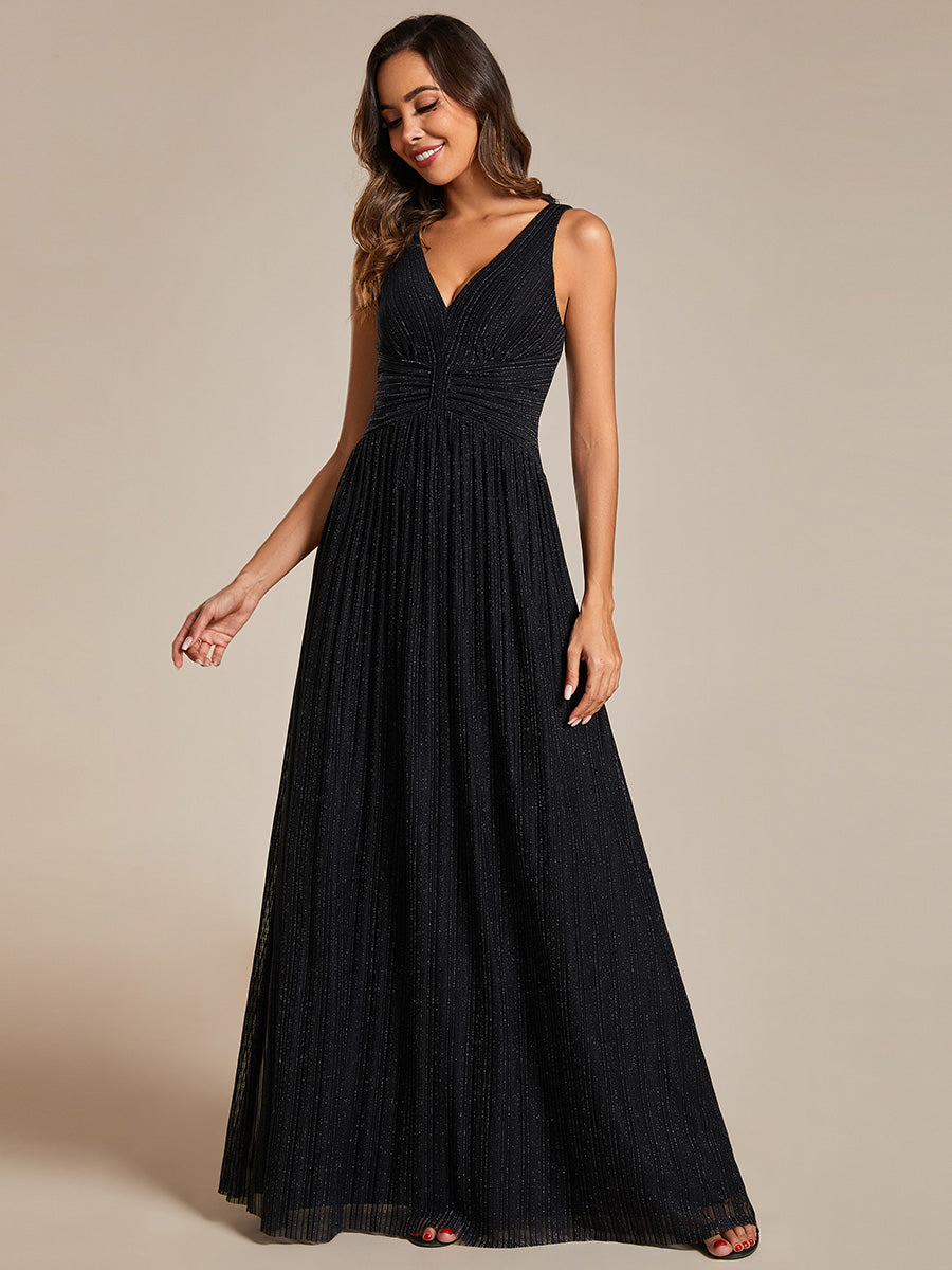 Color=Black | Glittery Pleated Empire Waist Sleeveless Formal Evening Dress-Black 15