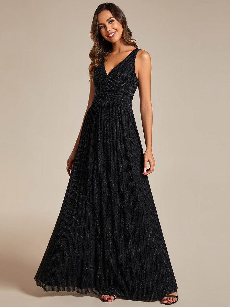 Color=Black | Glittery Pleated Empire Waist Sleeveless Formal Evening Dress-Black 13