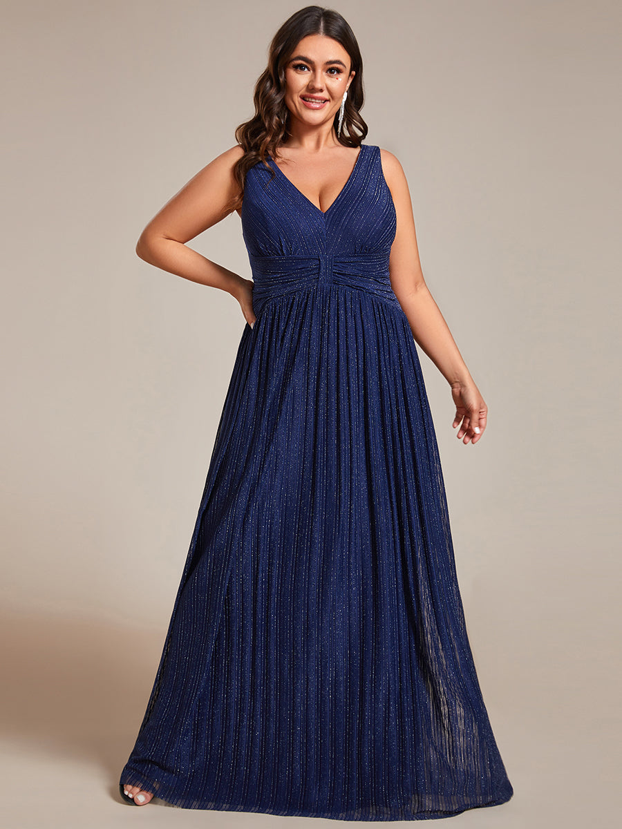 Color=Navy Blue | Plus Glittery Pleated Empire Waist Sleeveless Formal Evening Dress-Navy Blue 1