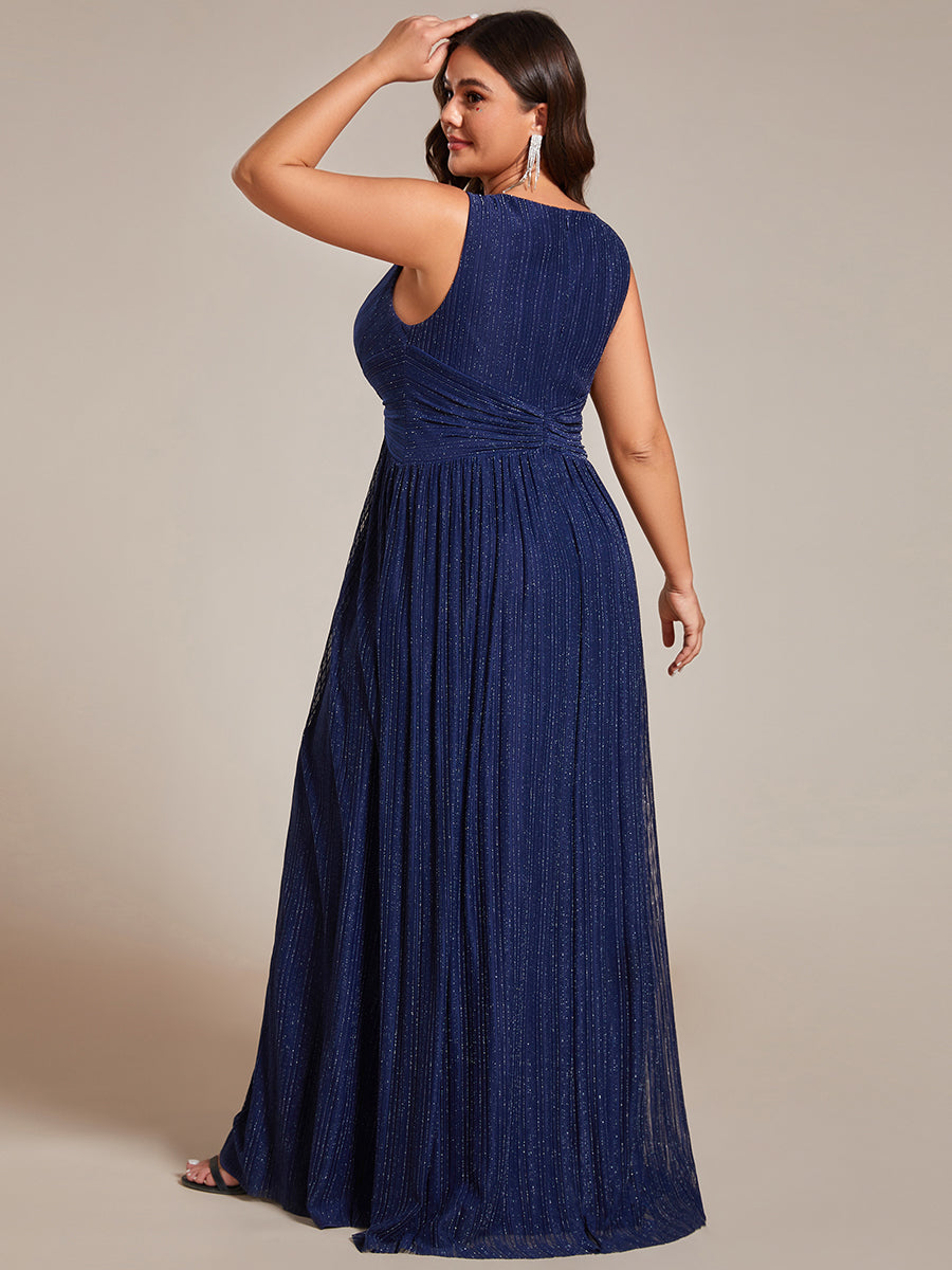 Color=Navy Blue | Plus Glittery Pleated Empire Waist Sleeveless Formal Evening Dress-Navy Blue 2