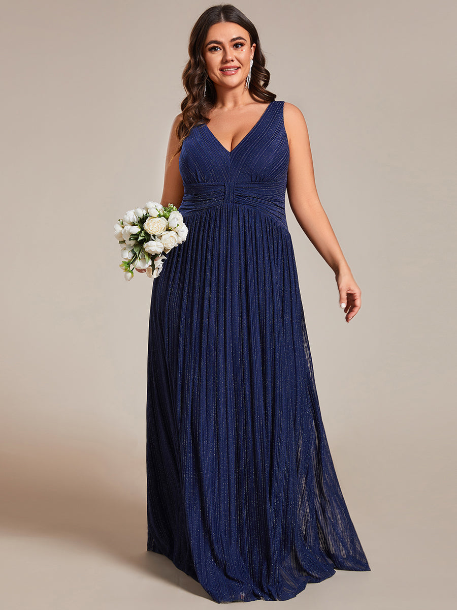 Color=Navy Blue | Plus Glittery Pleated Empire Waist Sleeveless Formal Evening Dress-Navy Blue 3