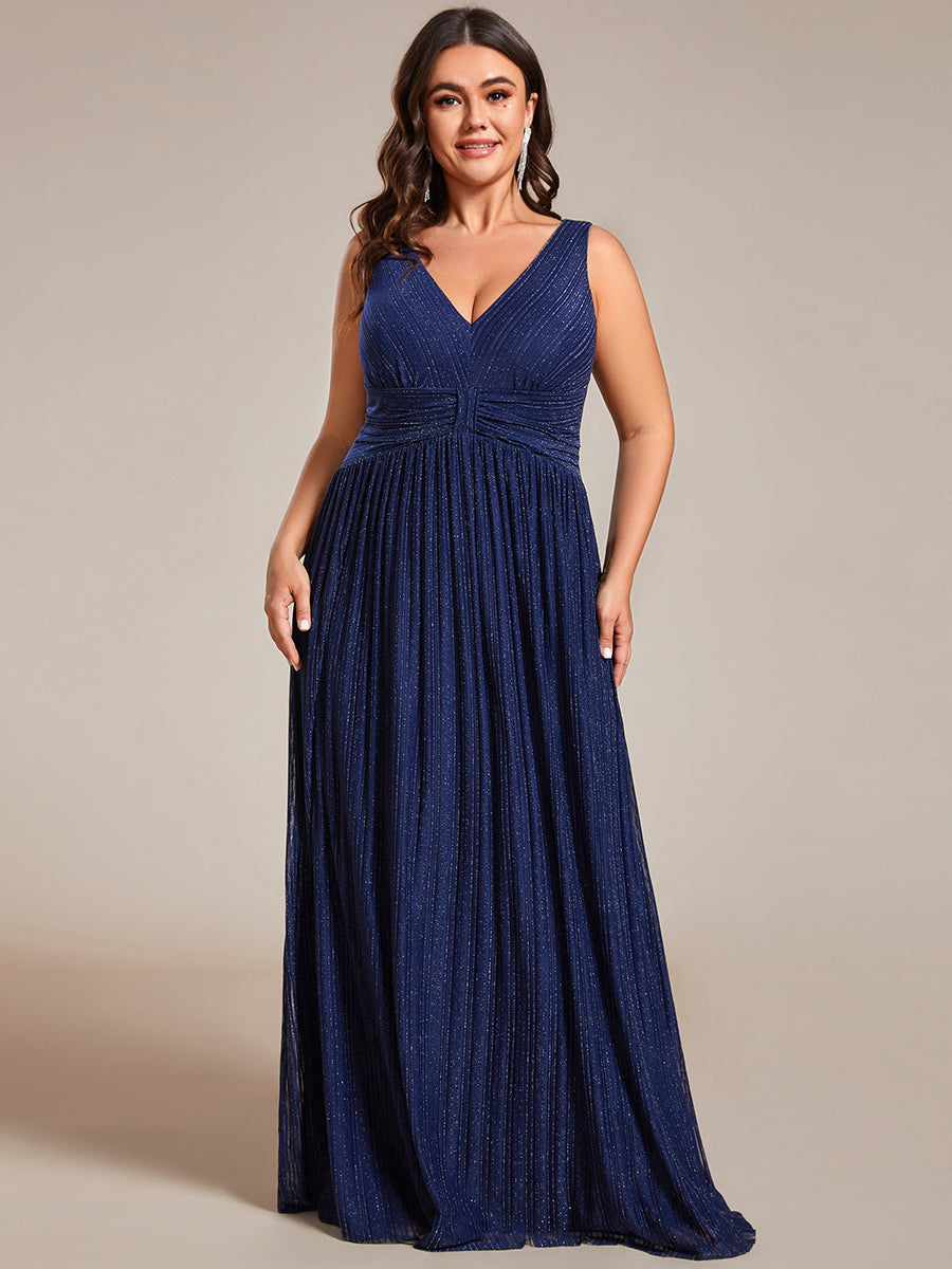 Color=Navy Blue | Plus Glittery Pleated Empire Waist Sleeveless Formal Evening Dress-Navy Blue 4
