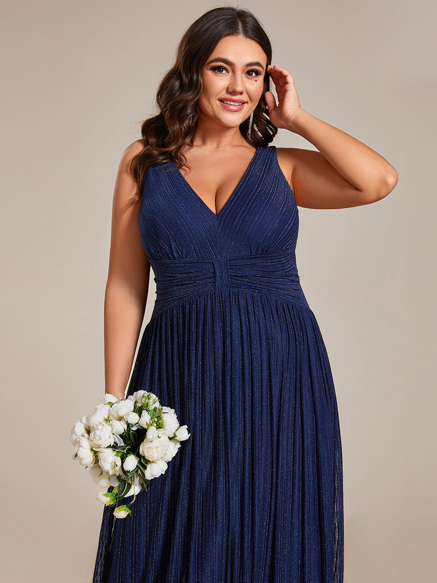 Color=Navy Blue | Plus Glittery Pleated Empire Waist Sleeveless Formal Evening Dress-Navy Blue 5