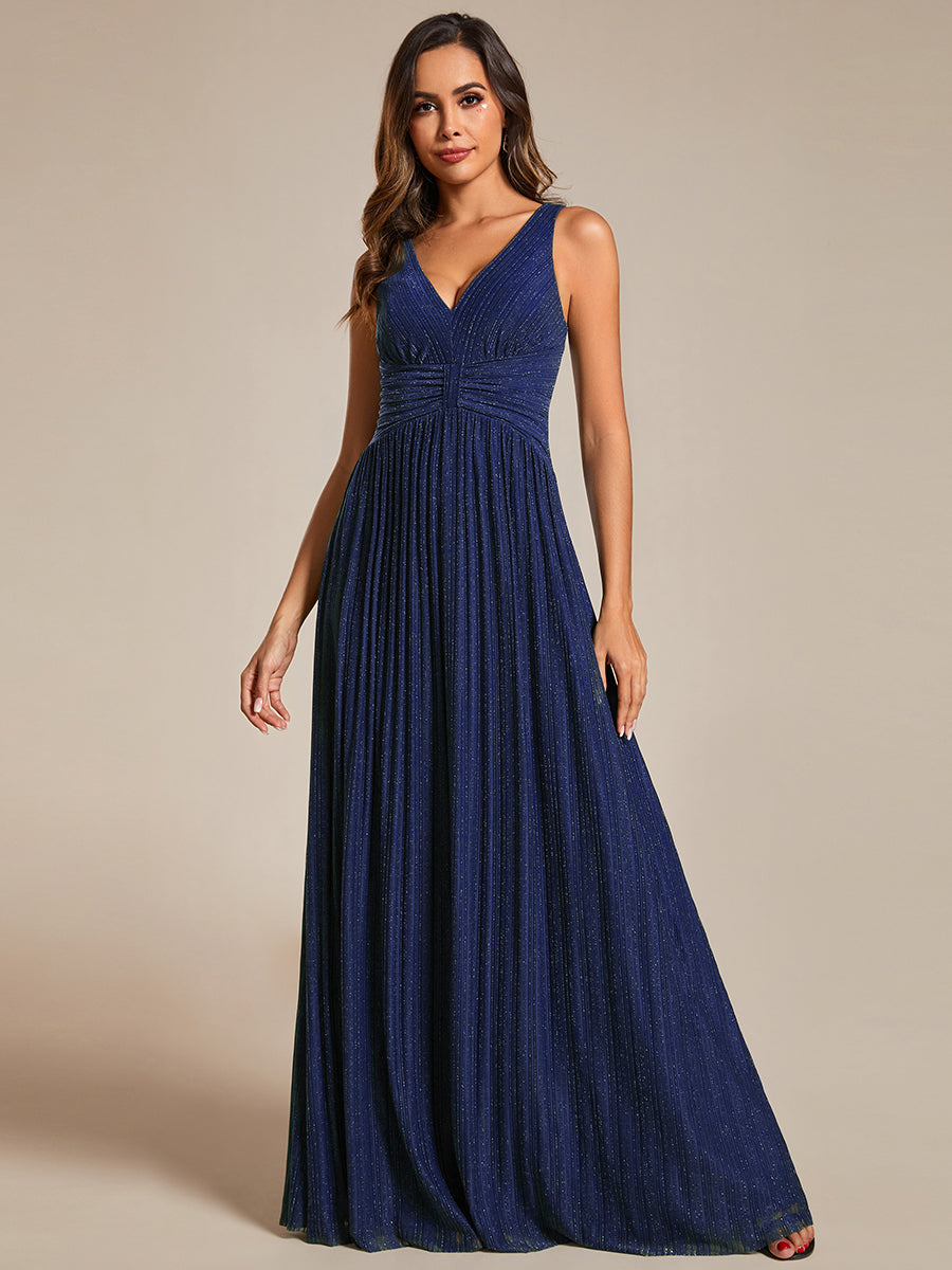 Color=Navy Blue | Glittery Pleated Empire Waist Sleeveless Formal Evening Dress-Navy Blue 