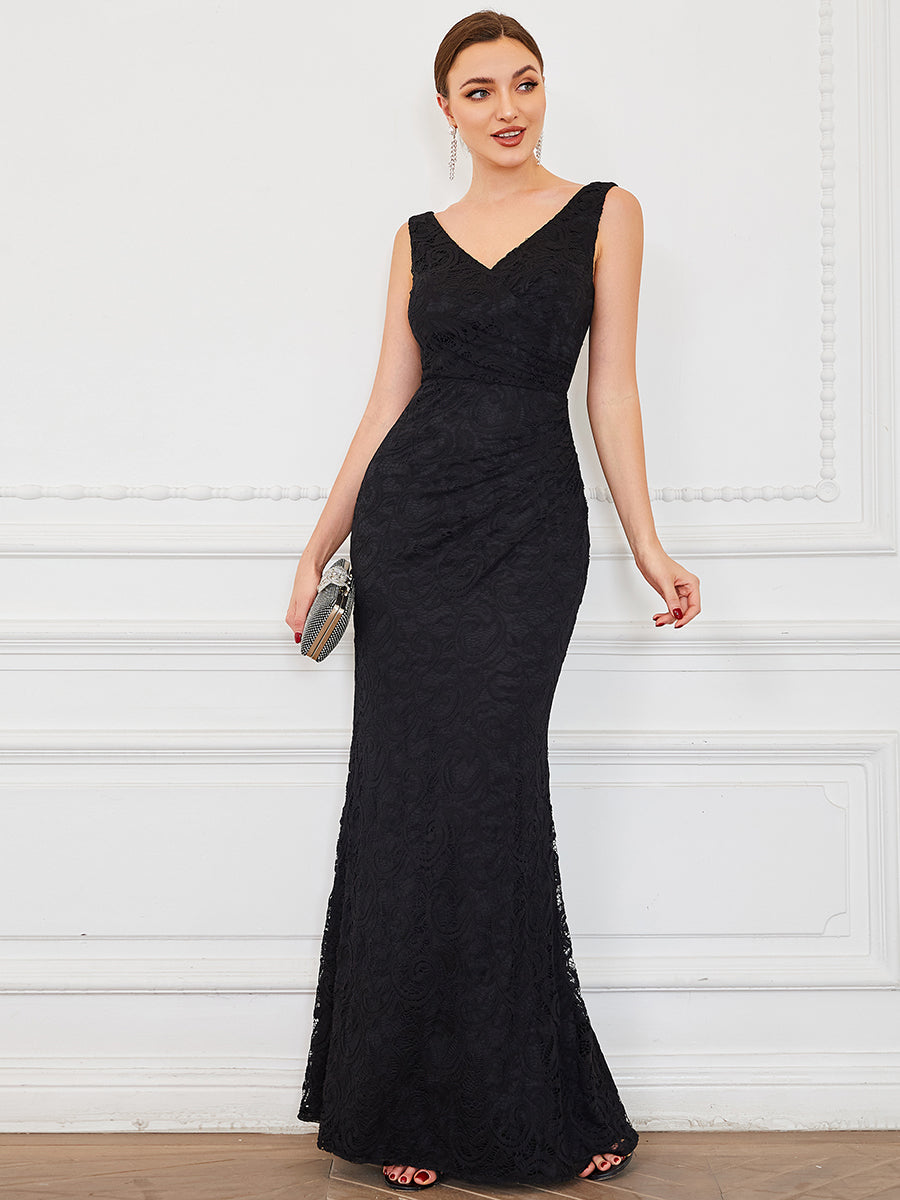 Color=Black | Deep V Neck Sleeveless Fishtail Floor Length Wholesale Evening Dresses-Black 1
