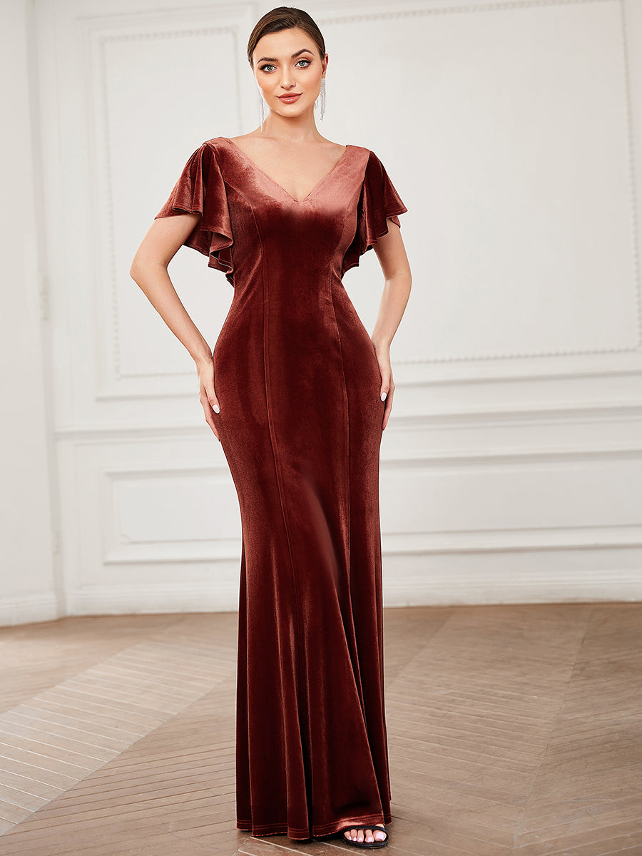 Color=brick-red | Deep V Neck Fishtail Wholesale Evening Dresses with Ruffles Sleeves-brick-red 1