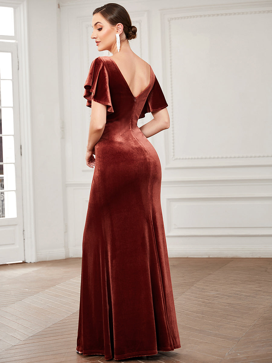 Color=brick-red | Deep V Neck Fishtail Wholesale Evening Dresses with Ruffles Sleeves-brick-red 3