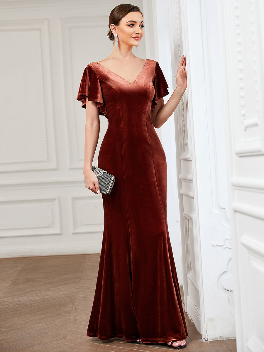 Color=brick-red | Deep V Neck Fishtail Wholesale Evening Dresses with Ruffles Sleeves-brick-red 4