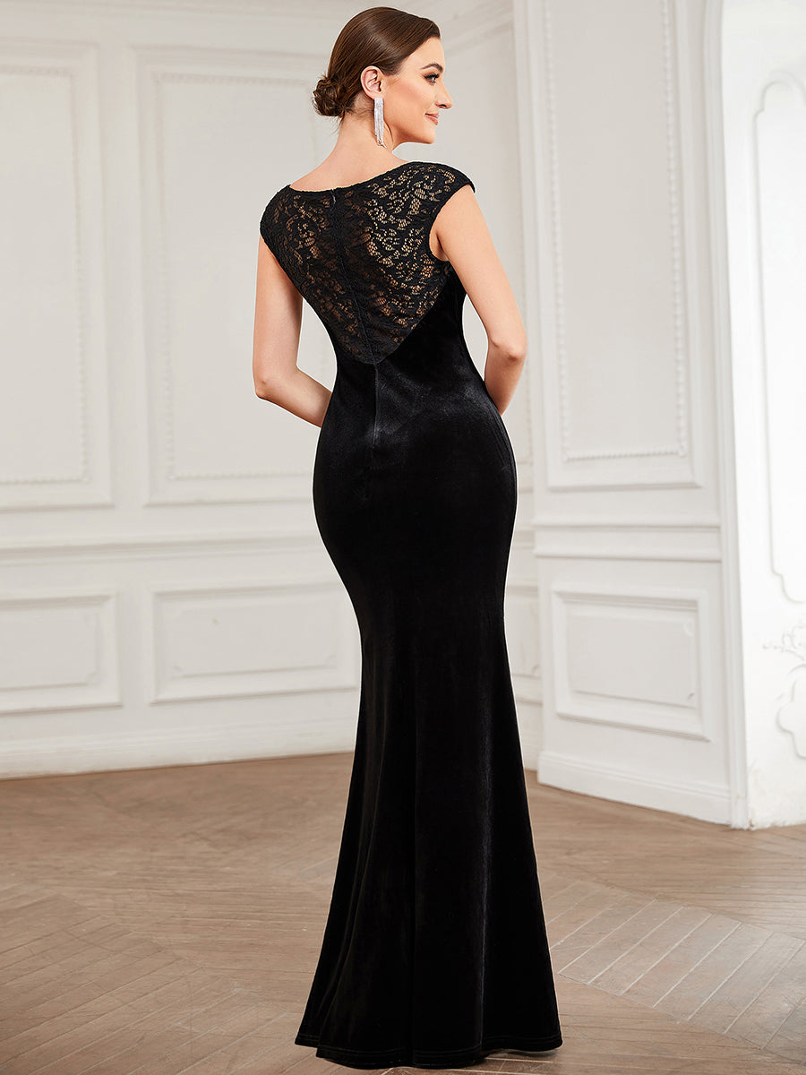 Color=Black | Round Neck A Line Wholesale Evening Dresses with Cover Sleeves-Black 2