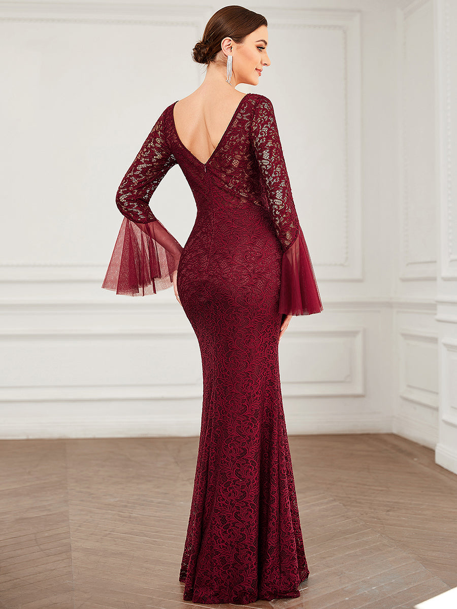 Color=Burgundy | Round Neck Fishtail Wholesale Evening Dresses with Long Sleeves-Burgundy 2