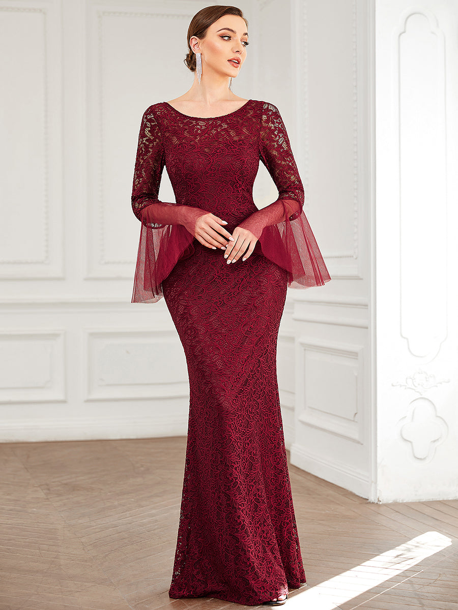 Color=Burgundy | Round Neck Fishtail Wholesale Evening Dresses with Long Sleeves-Burgundy 3