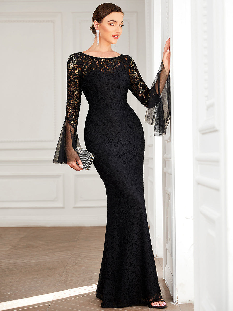 Color=Black | Round Neck Fishtail Wholesale Evening Dresses with Long Sleeves-Black 1