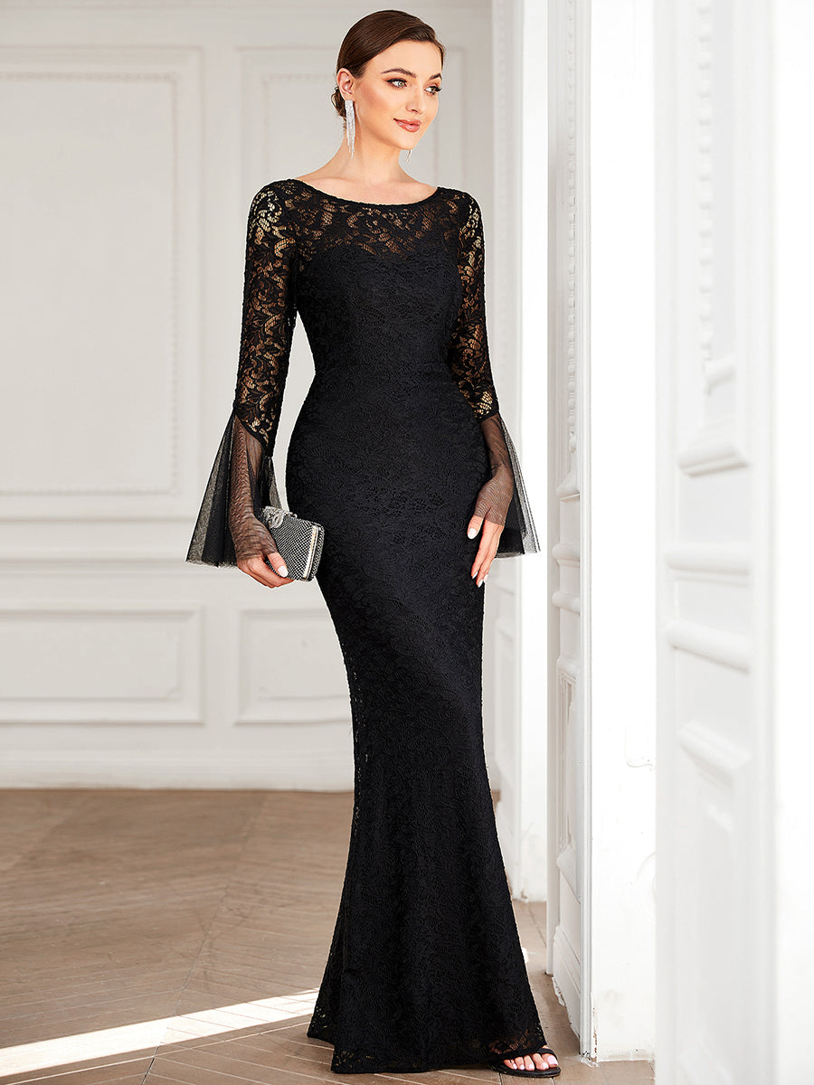 Color=Black | Round Neck Fishtail Wholesale Evening Dresses with Long Sleeves-Black 4