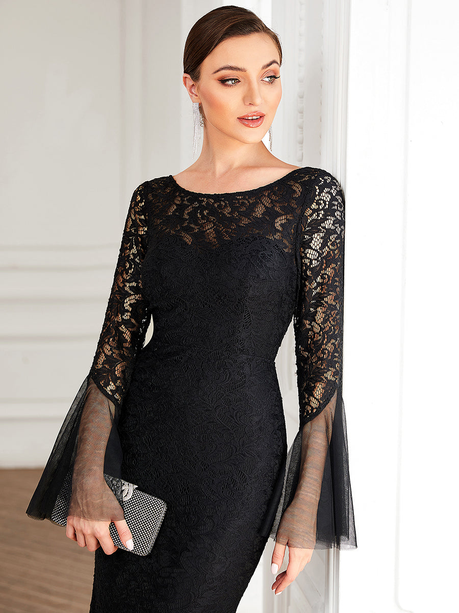 Color=Black | Round Neck Fishtail Wholesale Evening Dresses with Long Sleeves-Black 5