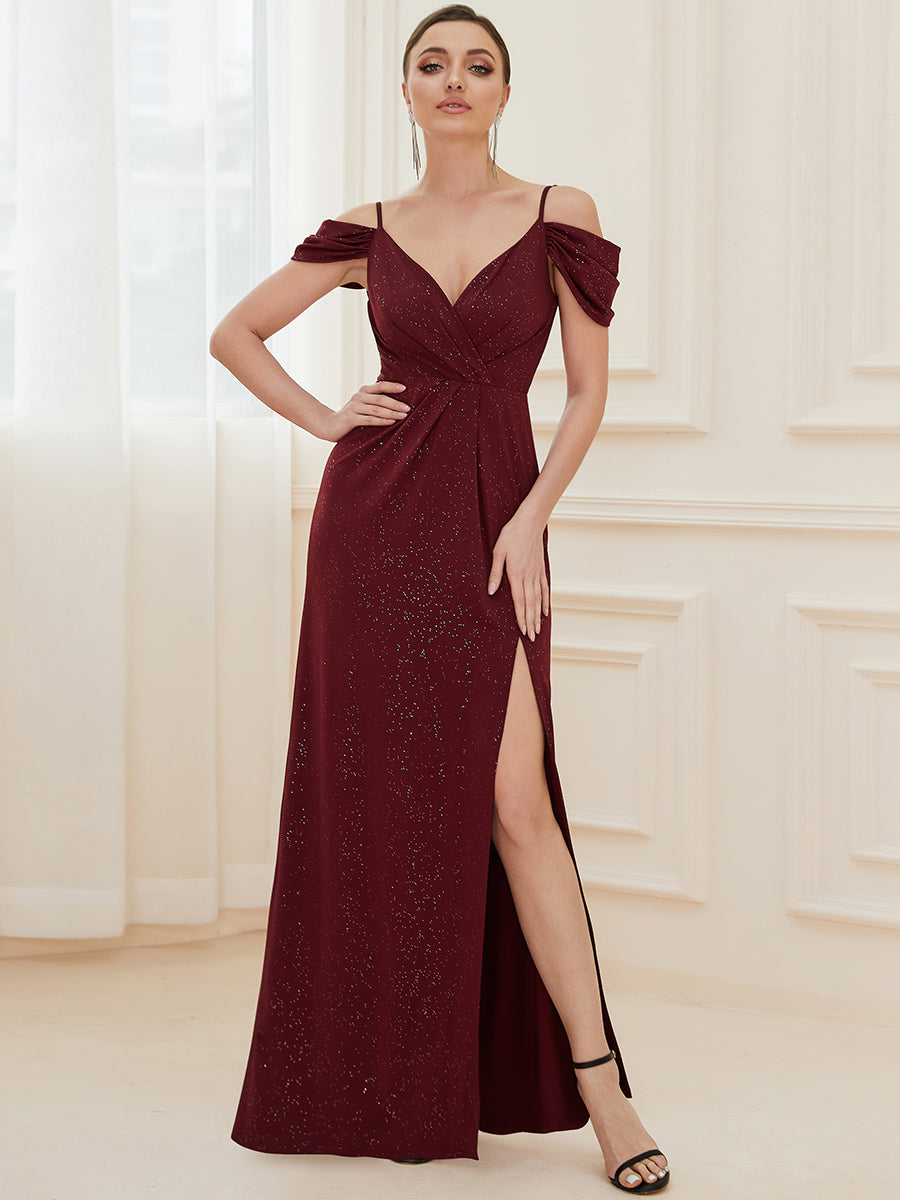 Color=Burgundy | Deep V Neck Wholesale Long Evening Dresses with Split-Burgundy 1