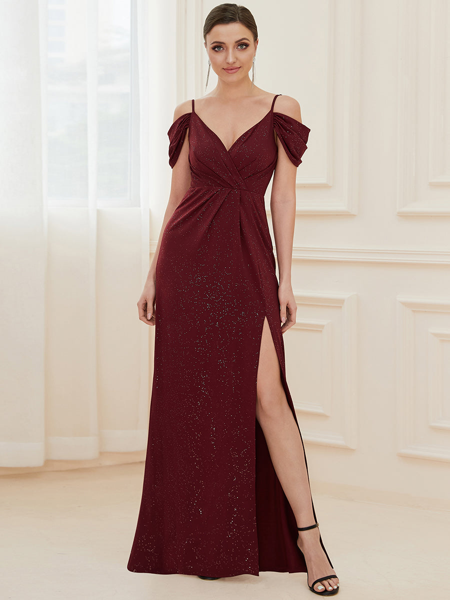 Color=Burgundy | Deep V Neck Wholesale Long Evening Dresses with Split-Burgundy 4
