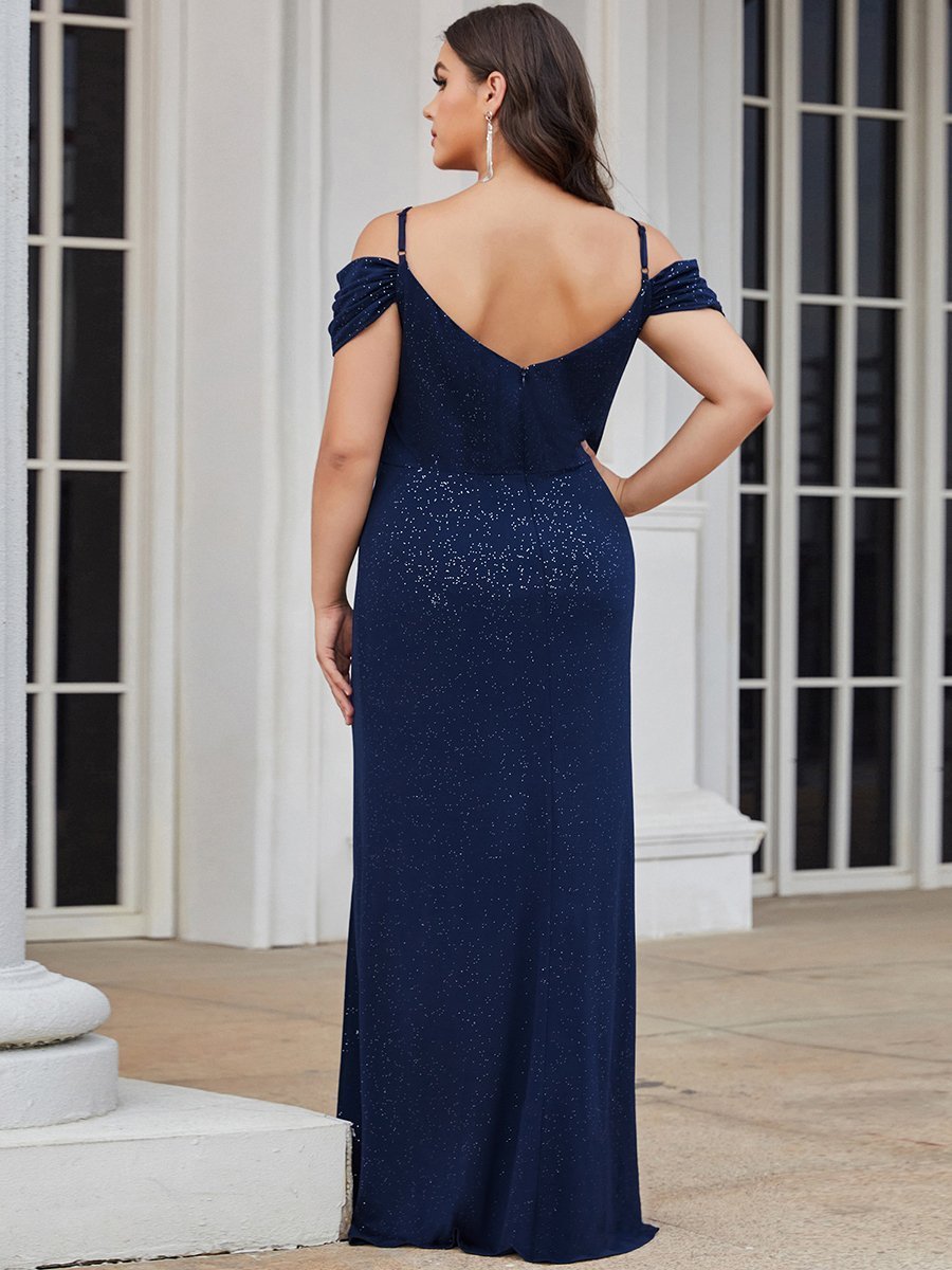 Color=Navy Blue | Deep V Neck Plus Size Wholesale Long Evening Dresses with Split-Navy Blue 2