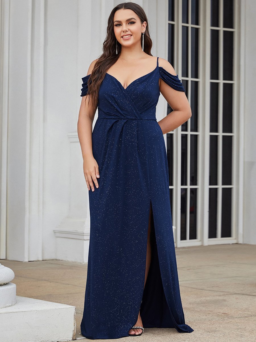 Color=Navy Blue | Deep V Neck Plus Size Wholesale Long Evening Dresses with Split-Navy Blue 4