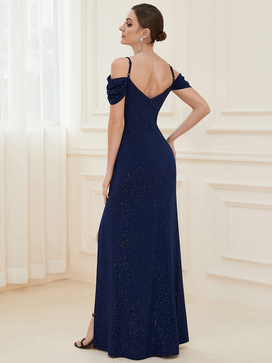Color=Navy Blue | Deep V Neck Wholesale Long Evening Dresses with Split-Navy Blue 2