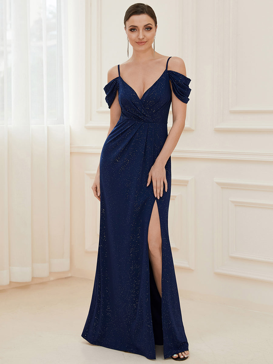 Color=Navy Blue | Deep V Neck Wholesale Long Evening Dresses with Split-Navy Blue 1