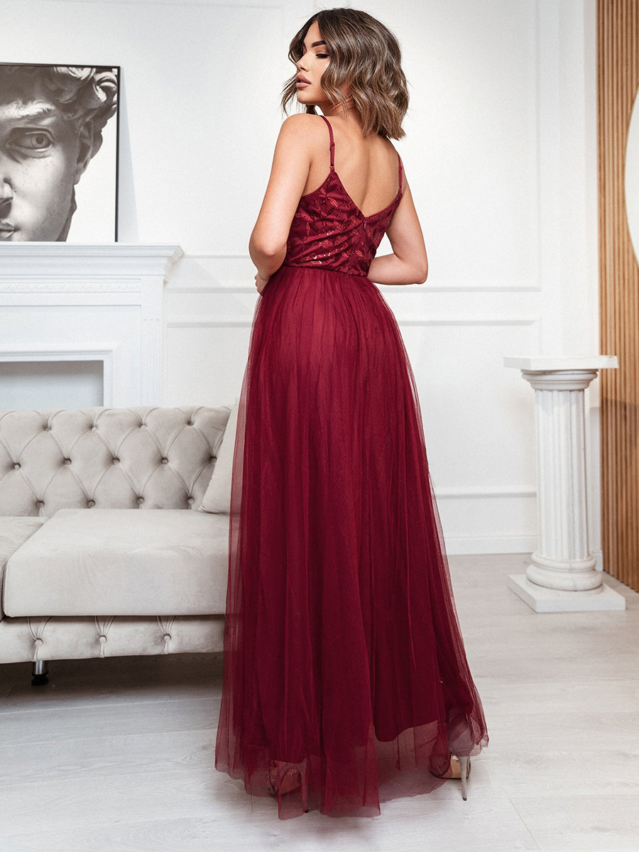 Color=Burgundy | Adorable A Line Silhouette Floor Length Wholesale Evening Dress-Burgundy 2