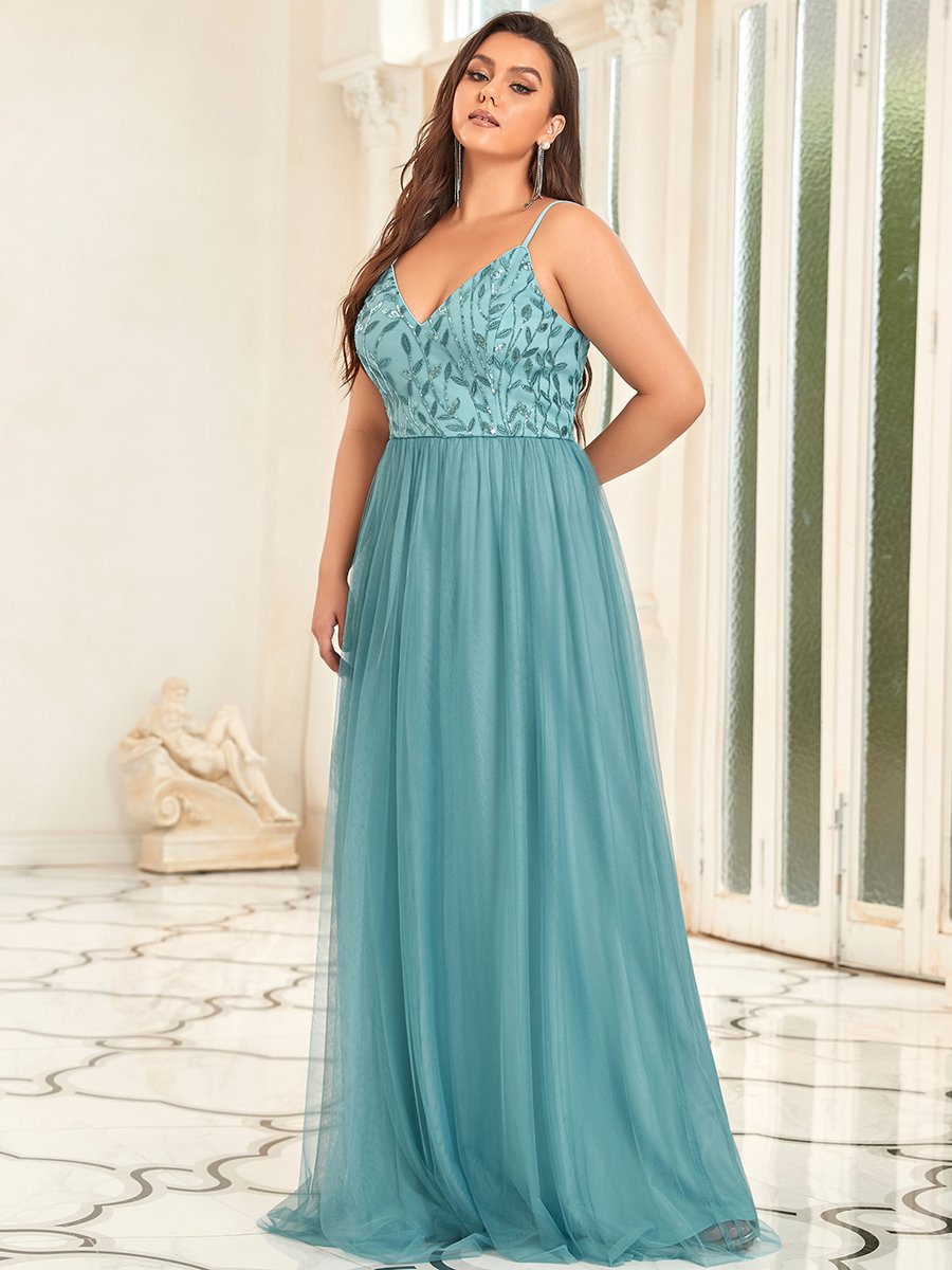 Color=Dusty blue | Plus Size Adorable A Line Floor Length Wholesale Dress-Dusty blue 3