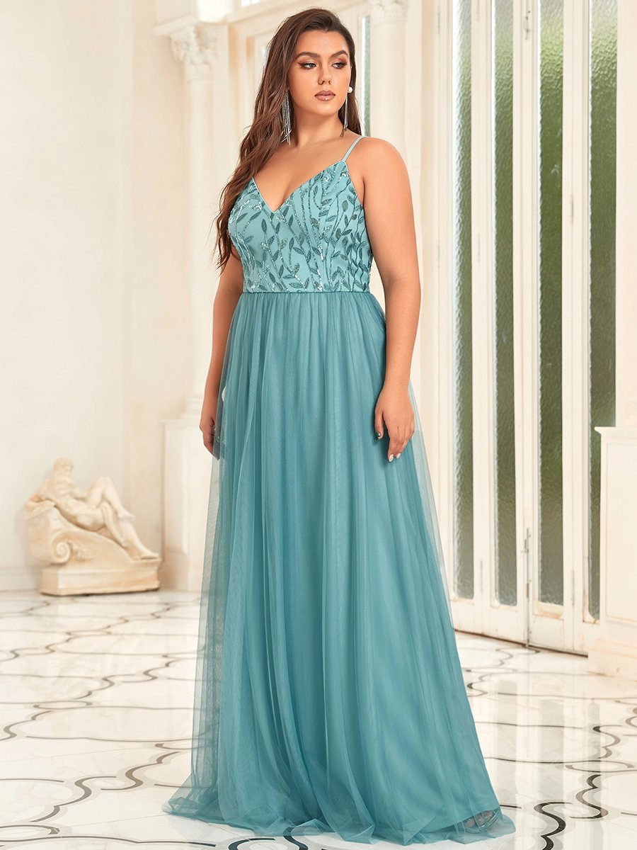 Color=Dusty blue | Plus Size Adorable A Line Floor Length Wholesale Dress-Dusty blue 1