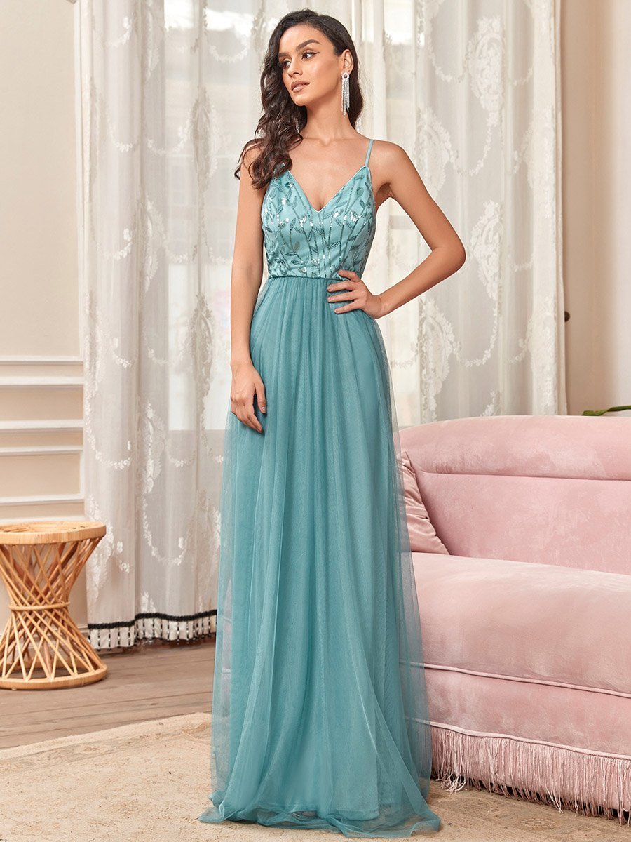Color=Dusty blue | Adorable A Line Silhouette Floor Length Wholesale Evening Dress-Dusty blue 1