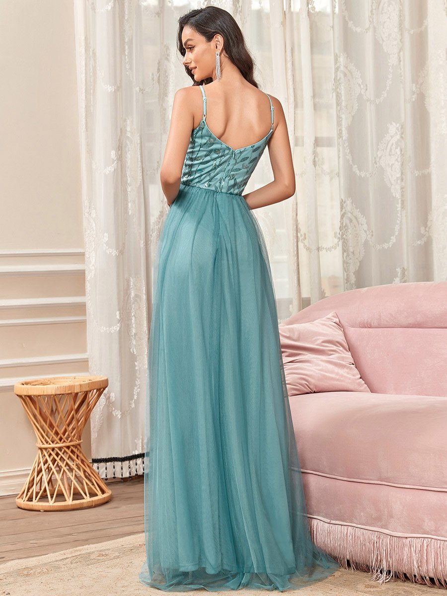 Color=Dusty blue | Adorable A Line Silhouette Floor Length Wholesale Evening Dress-Dusty blue 2