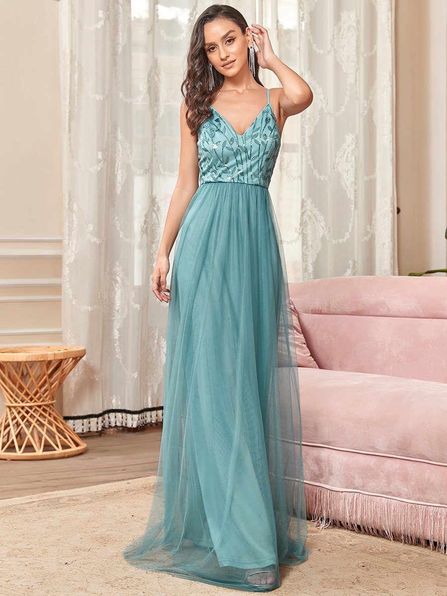 Color=Dusty blue | Adorable A Line Silhouette Floor Length Wholesale Evening Dress-Dusty blue 4
