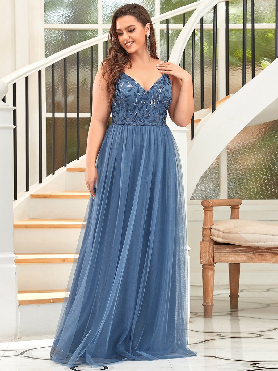 Color=Dusty Blue | Plus Size Adorable A Line Floor Length Wholesale Dress-Dusty Blue 3
