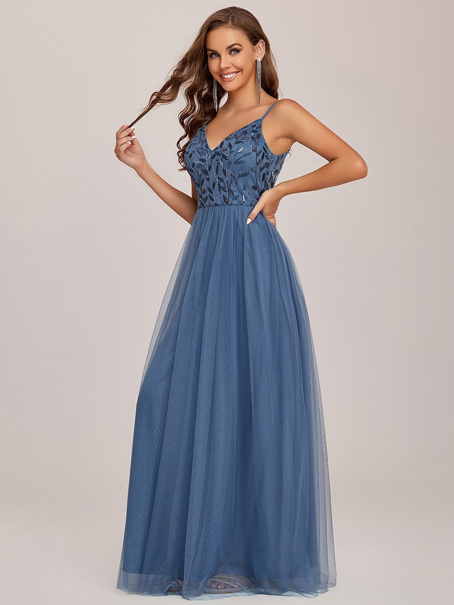 Color=Dusty Navy | Adorable A Line Silhouette Floor Length Wholesale Evening Dress-Dusty Navy 7