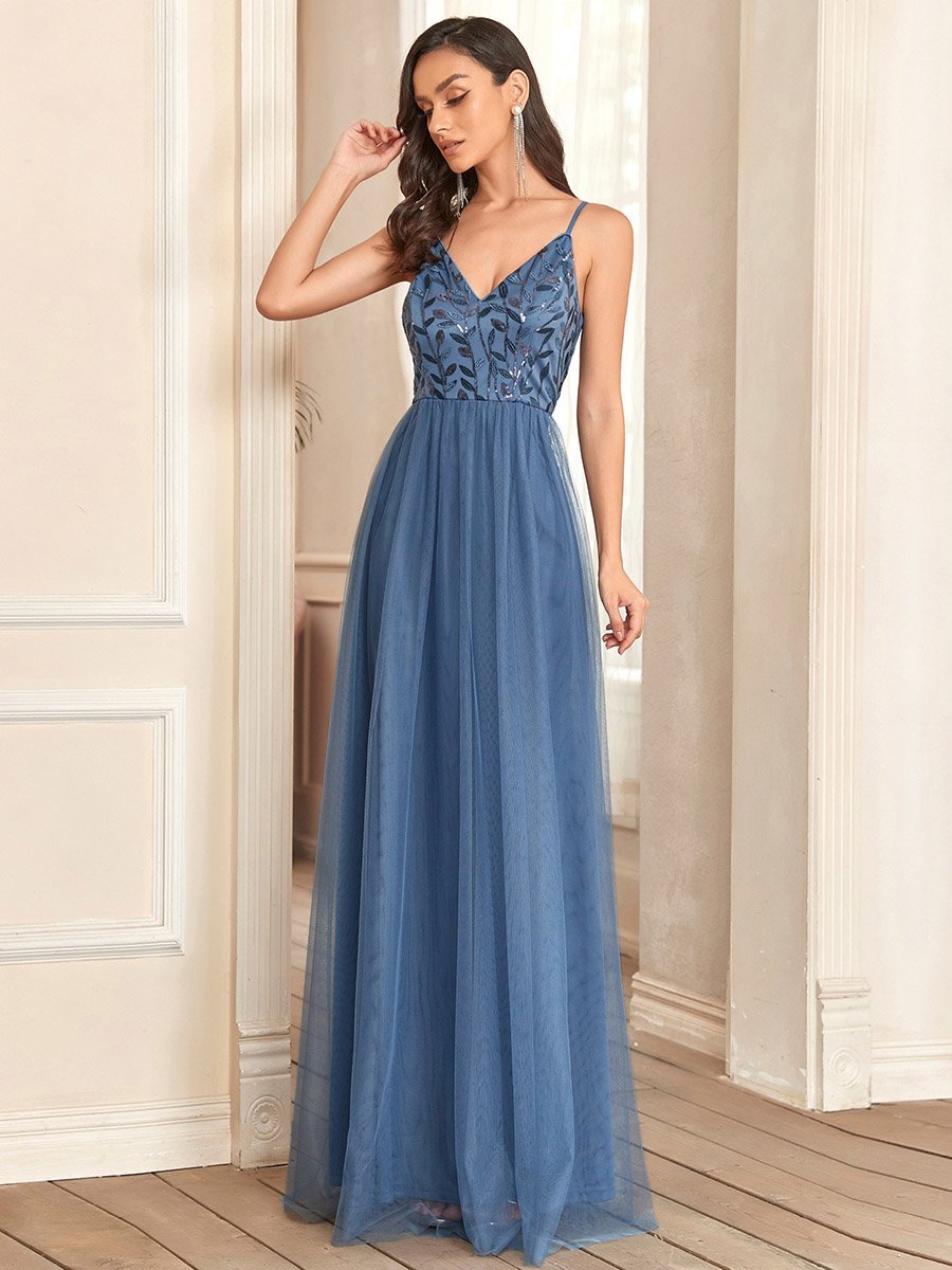 Color=Dusty Navy | Adorable A Line Silhouette Floor Length Wholesale Evening Dress-Dusty Navy 1