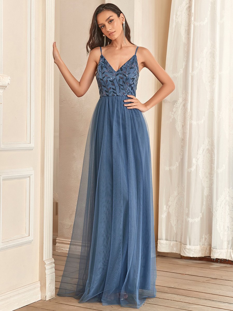 Color=Dusty Navy | Adorable A Line Silhouette Floor Length Wholesale Evening Dress-Dusty Navy 4