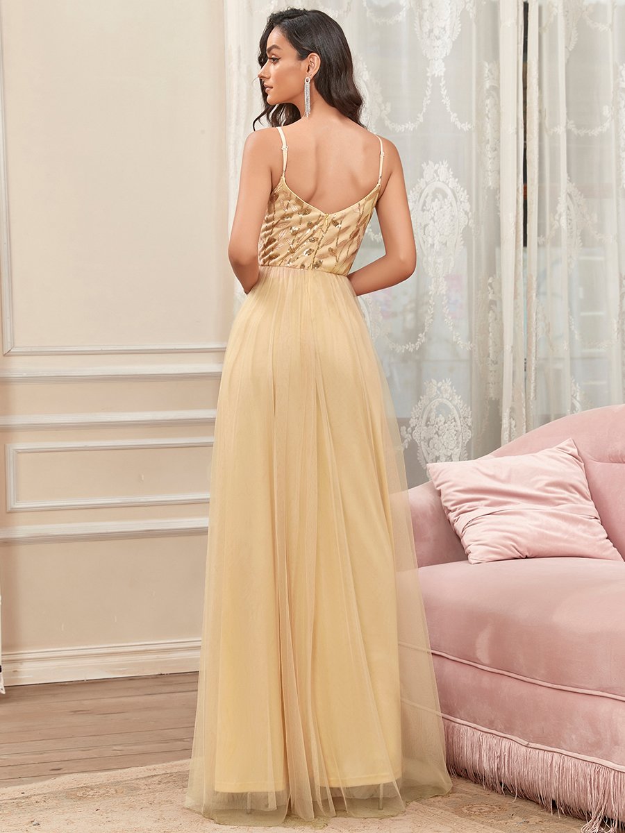 Color=Gold | Adorable A Line Silhouette Floor Length Wholesale Evening Dress-Gold 2