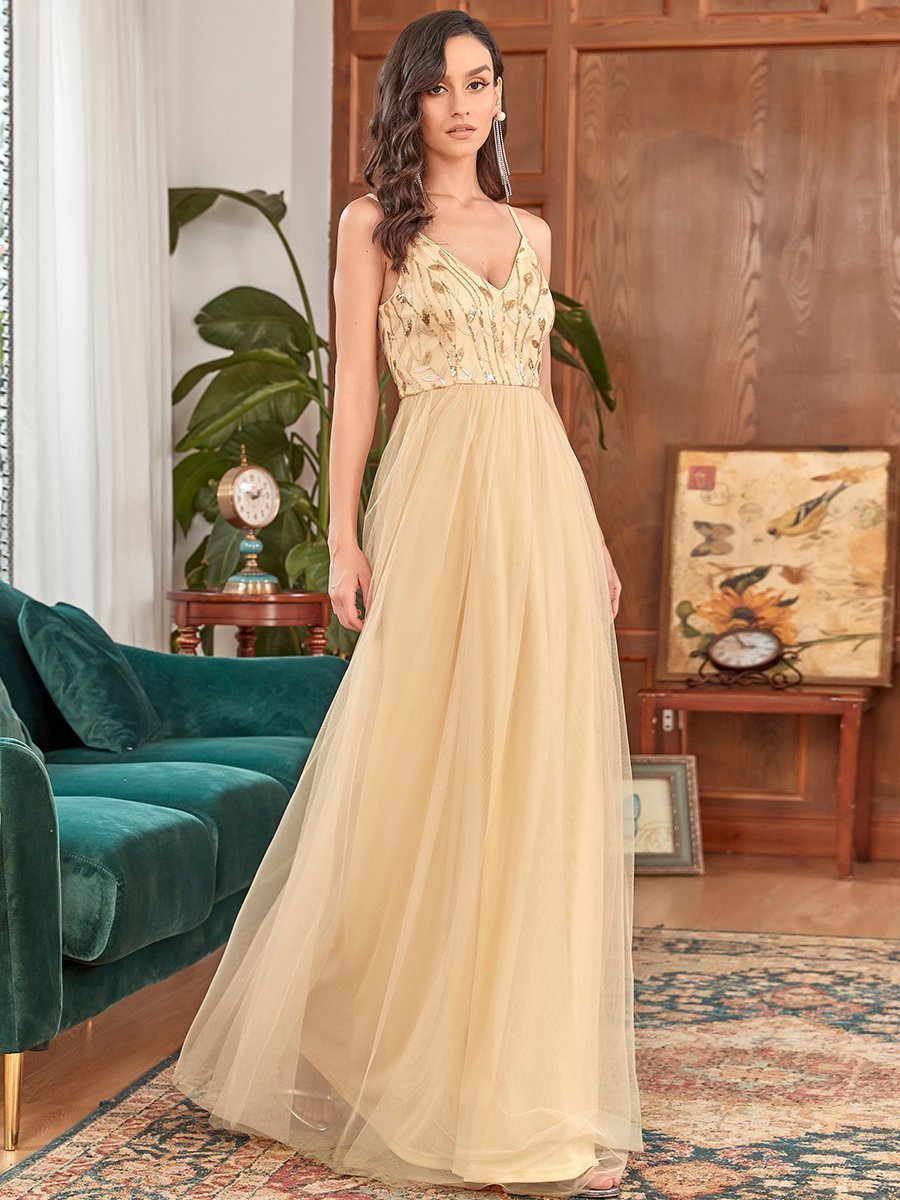 Color=Gold | Adorable A Line Silhouette Floor Length Wholesale Evening Dress-Gold 4