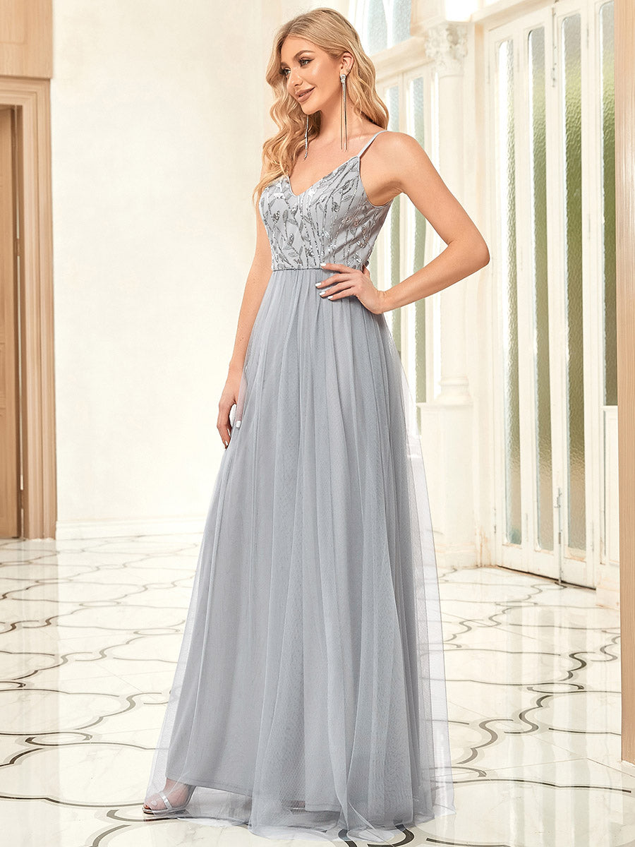 Color=Grey | Adorable A Line Silhouette Floor Length Wholesale Evening Dress-Grey 4