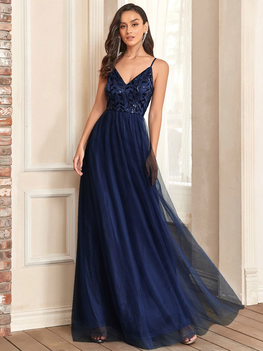 Color=Navy Blue | Adorable A Line Silhouette Floor Length Wholesale Evening Dress-Navy Blue 3