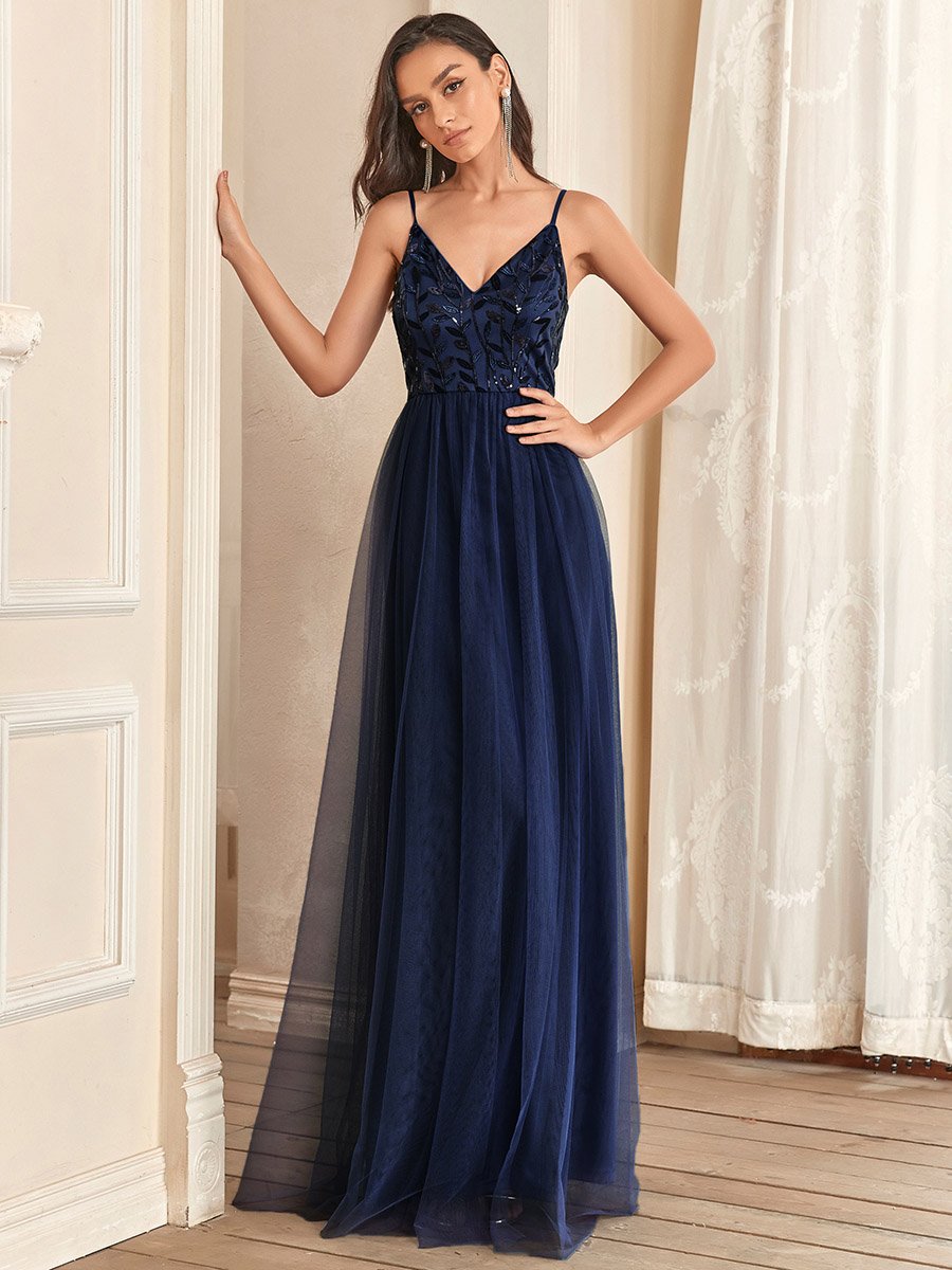 Color=Navy Blue | Adorable A Line Silhouette Floor Length Wholesale Evening Dress-Navy Blue 4