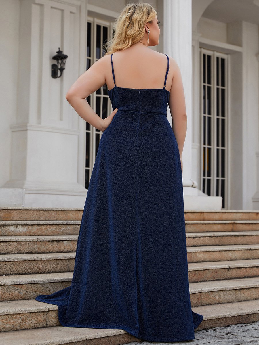 Color=Navy Blue | Deep V Neck Spaghetti Straps A Line Wholesale Evening Dresses-Navy Blue 4