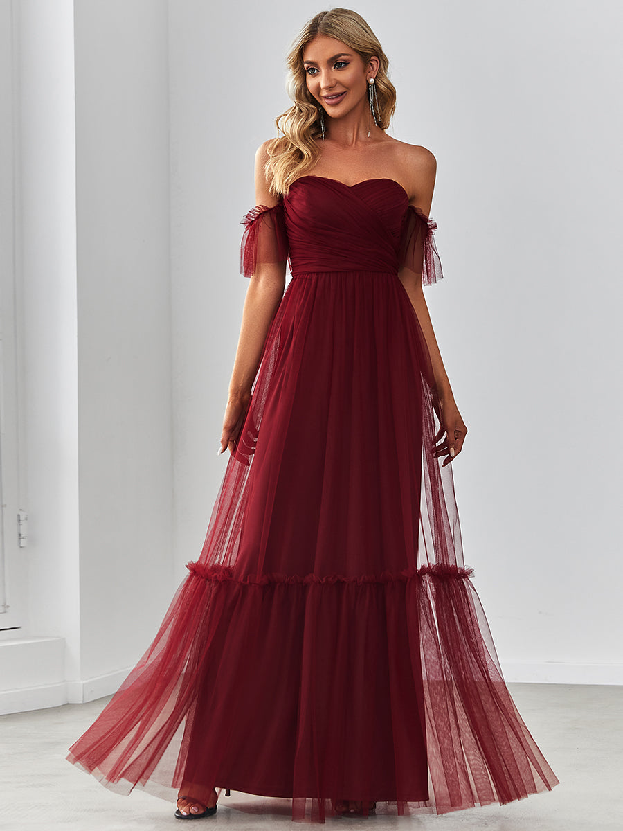 Color=Burgundy | Strapless A Line Ruffles Sleeves Wholesale Evening Dresses-Burgundy 3