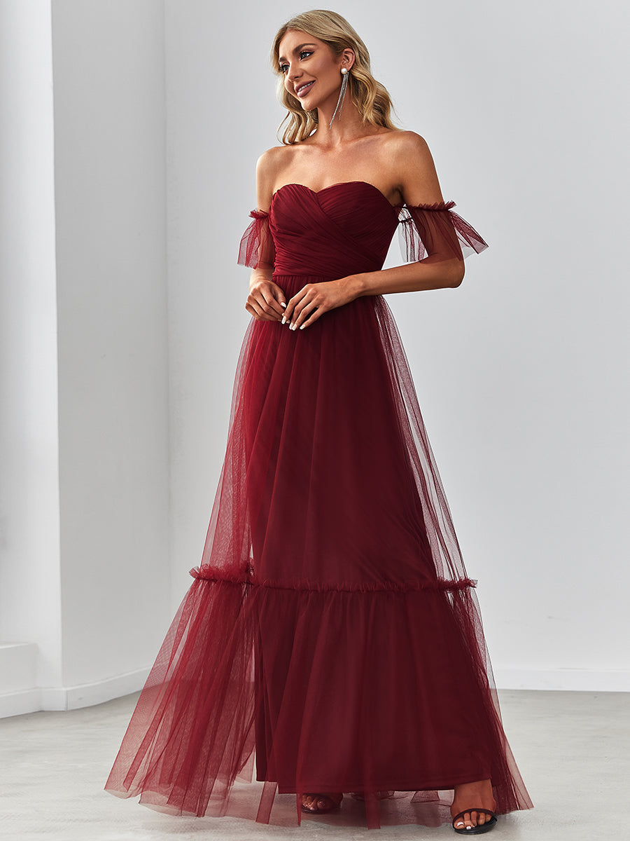 Custom Size Strapless A Line Ruffles Sleeves Wholesale Evening Dresses