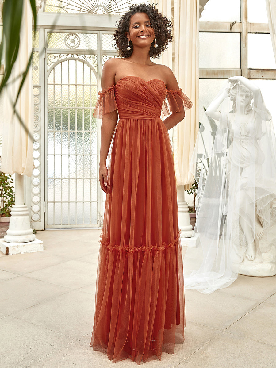 Color=Burnt orange | Strapless A Line Ruffles Sleeves Wholesale Evening Dresses-Burnt orange 3