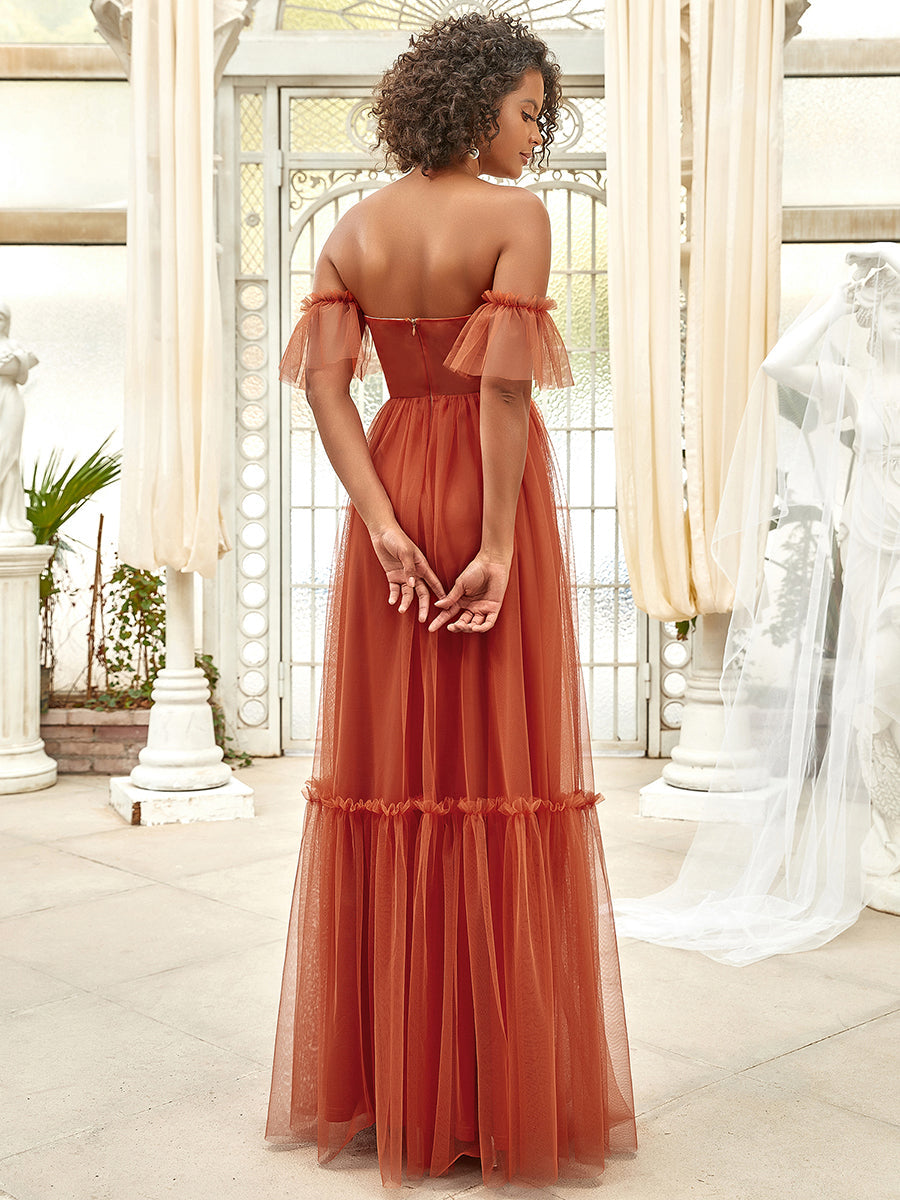 Color=Burnt orange | Strapless A Line Ruffles Sleeves Wholesale Evening Dresses-Burnt orange 5