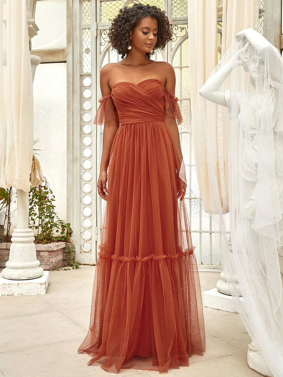 Color=Burnt orange | Strapless A Line Ruffles Sleeves Wholesale Evening Dresses-Burnt orange 10