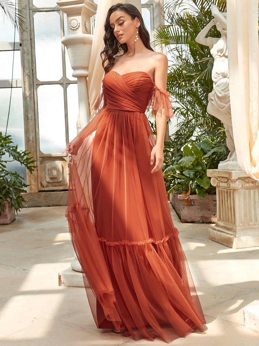 Color=Burnt orange | Strapless A Line Ruffles Sleeves Wholesale Evening Dresses-Burnt orange 9