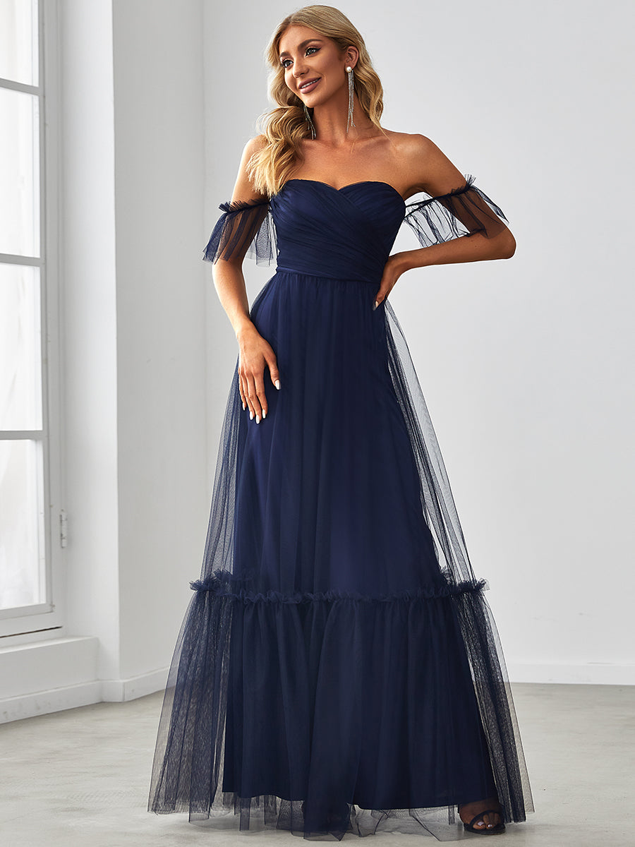 Color=Navy Blue | Strapless A Line Ruffles Sleeves Wholesale Evening Dresses-Navy Blue 1