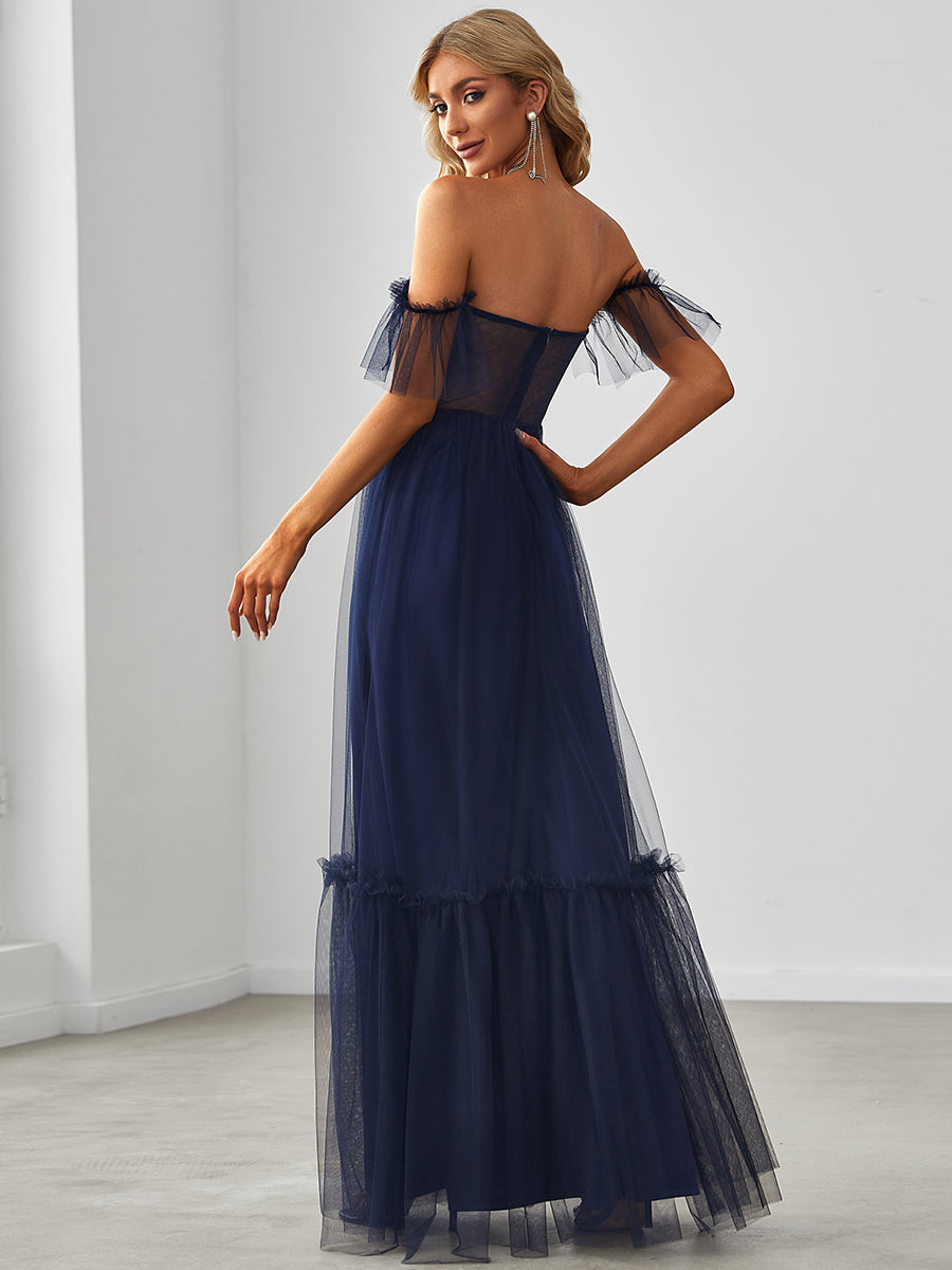 Color=Navy Blue | Strapless A Line Ruffles Sleeves Wholesale Evening Dresses-Navy Blue 2
